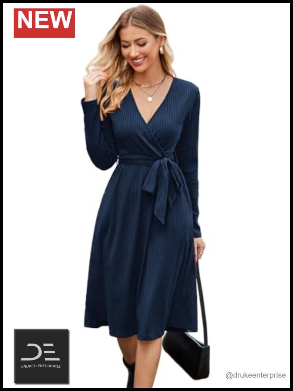 Ribbed Knit Sweater Dress Belted V-Neck Long Sleeve Midi Teacher Work